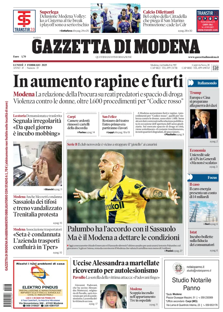 Prima-pagina-gazzetta di modena-oggi-edizione-del-2025-02-03